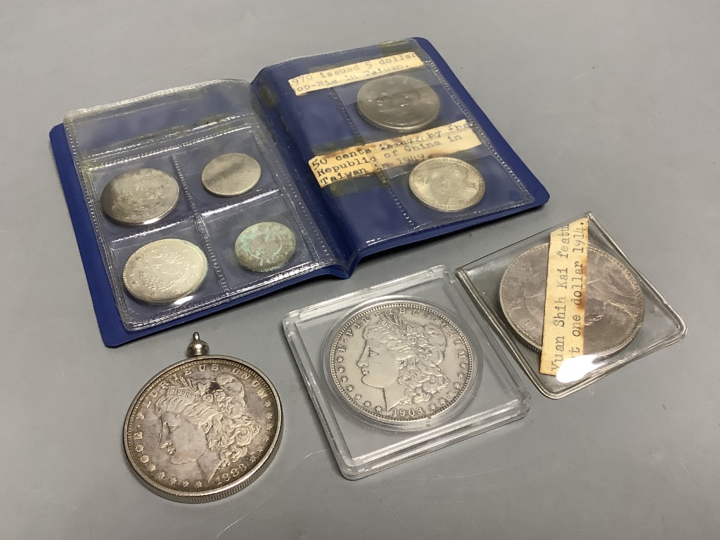 Two USA silver dollars, 1883 and 1903, a Chinese 1914 silver dollar, sundry Chinese and Taiwanese coins, etc.